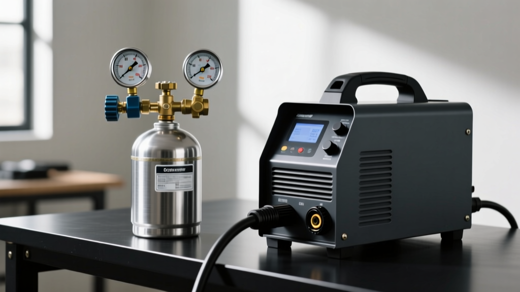 Side profile of a small argon gas cylinder with a dual-gauge regulator attached, sitting next to a professional pulse arc welder