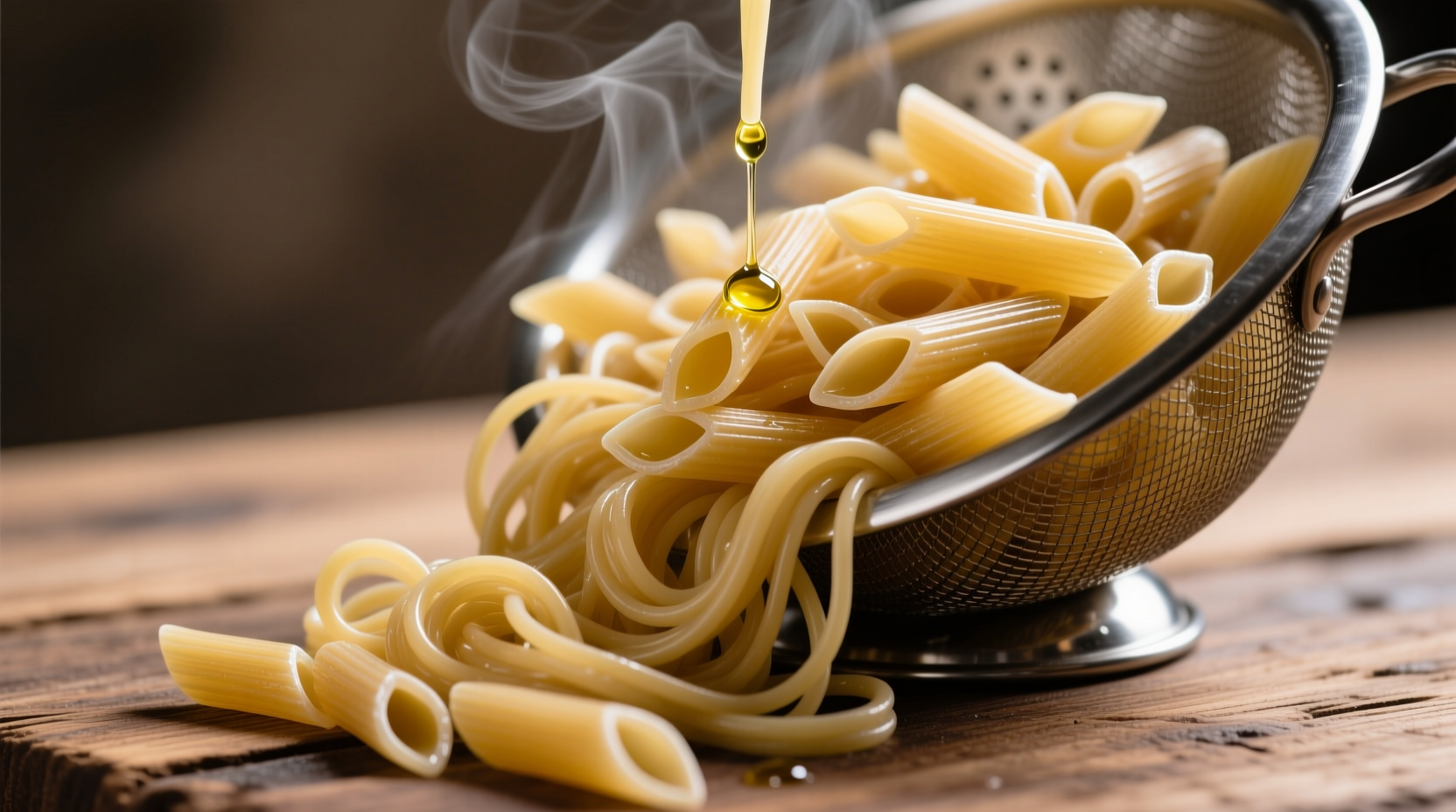 Perfectly cooked penne pasta in colander
