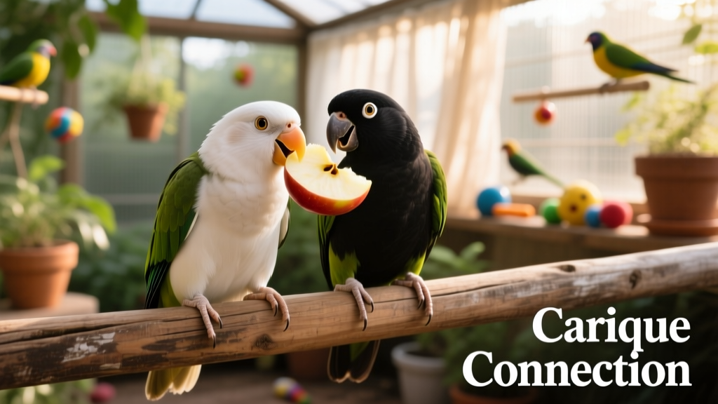 A pair of caiques — one white-bellied, one black-headed — sitting side-by-side on a wide perch, sharing a piece of apple, showcasing their expressive eyes and joyful energy