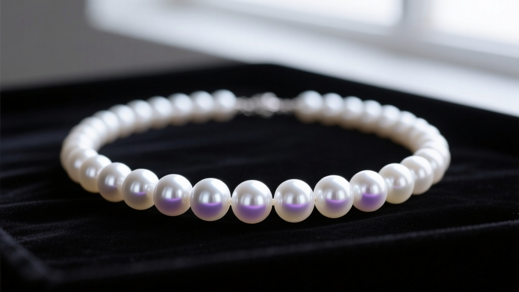Macro shot of a white Akoya pearl necklace on dark velvet, soft lighting highlighting the gems' intense luster and rose overtone.