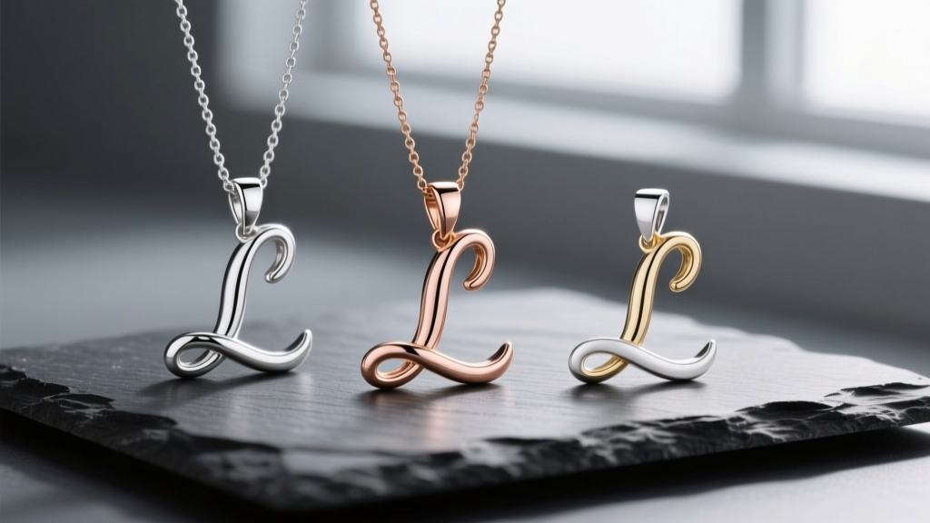 Sterling silver, rose gold vermeil, and white gold cursive L pendants on dark slate, highlighting polished metal finishes.