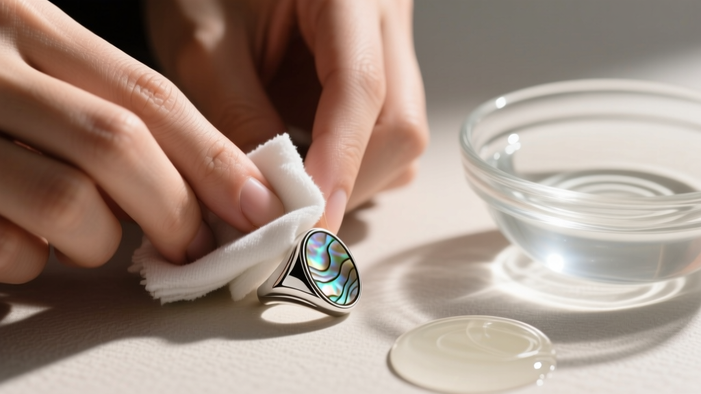 Hands wiping a silver and abalone inlay ring with a damp microfiber cloth, near a bowl of distilled water and mild soap.