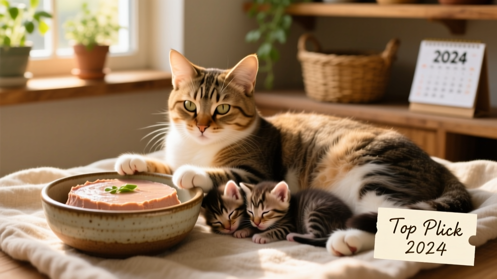 Close-up of a soft pâté-style cat food in a bowl, next to a nursing mother cat and two sleeping kittens