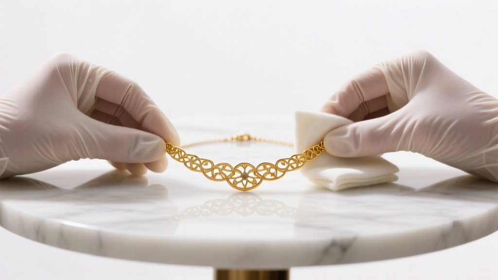 Nitrile-gloved hands gently polishing a delicate gold vermeil necklace with a microfiber cloth on a clean white marble surface.