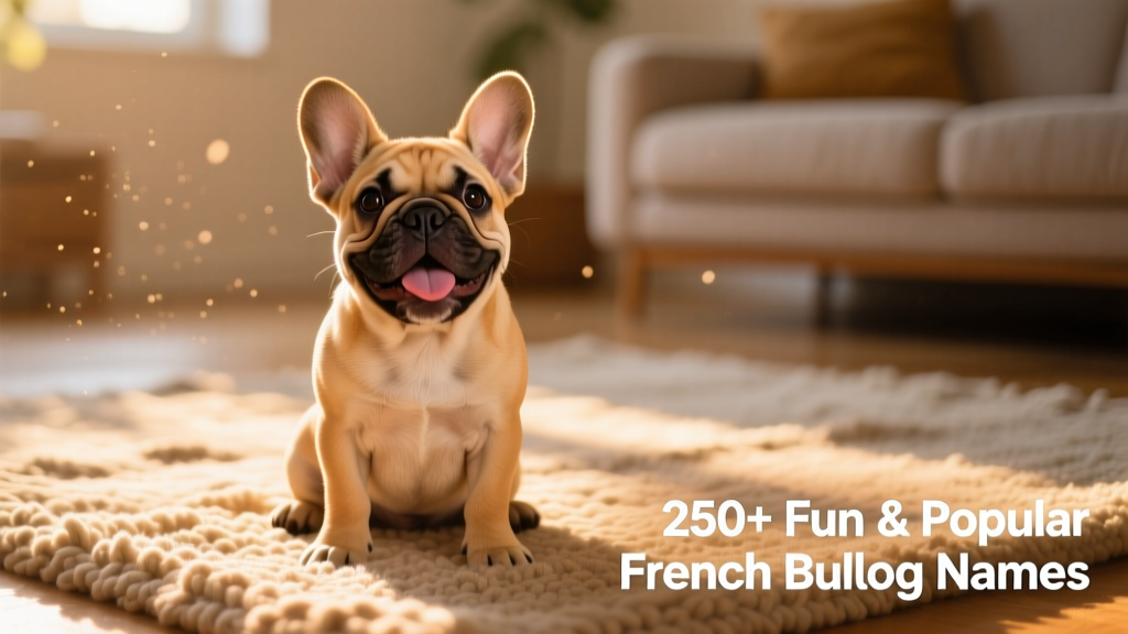 A joyful French Bulldog puppy sitting on a sunlit rug, ears perked and tongue lolling