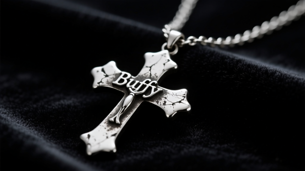 Weathered silver Buffy-style cross necklace on dark velvet, illuminated by dramatic moody side lighting in a macro close-up shot.