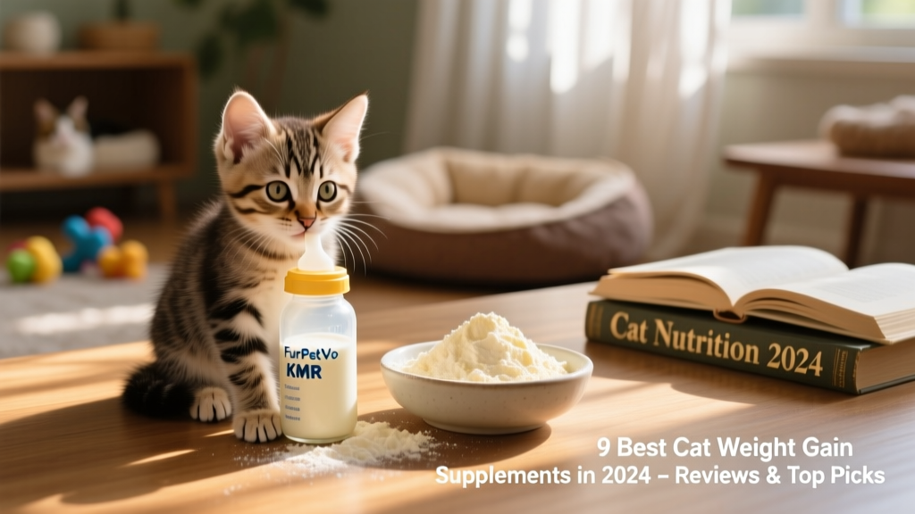 Kitten drinking from a bottle filled with reconstituted FurPetVo KMR milk, with a small pile of powder nearby