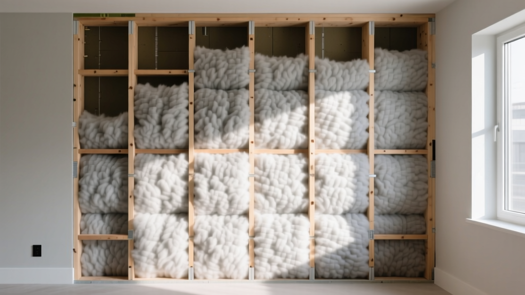 Cross-section of residential interior wall exposing dense acoustic mineral wool batts installed between wooden studs for soundproofing