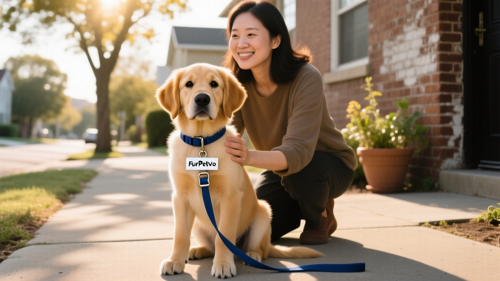 A calm, confident puppy sitting beside its owner on a quiet neighborhood sidewalk, wearing a FurPetVo-branded collar and leash
