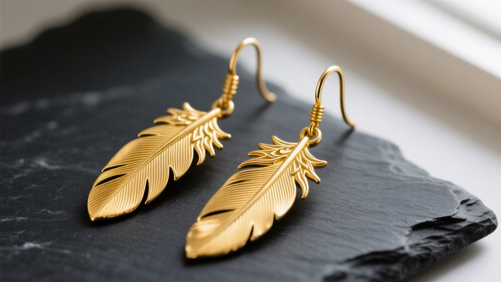 Macro photography of 14k yellow gold eagle feather drop earrings with engraved barb details, resting on dark slate in soft lighting