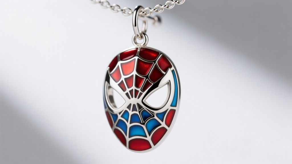 Macro shot of sterling silver Spider-Man mask dangle earring with fired vitreous red and blue enamel, studio lighting