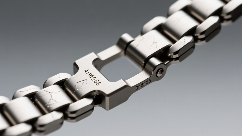 Extreme close-up of a 4mm 316L stainless steel Figaro chain connecting to a heavy-duty titanium bayonet clasp mechanism.