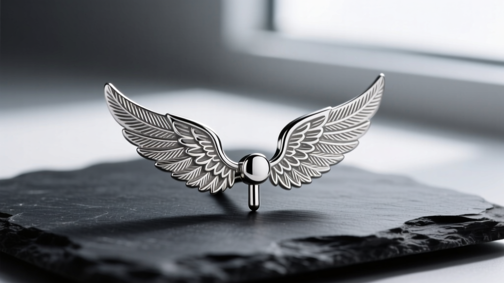 Macro shot of a 16-gauge titanium angel wing cartilage stud with intricate feather details, resting on a dark matte slate surface.