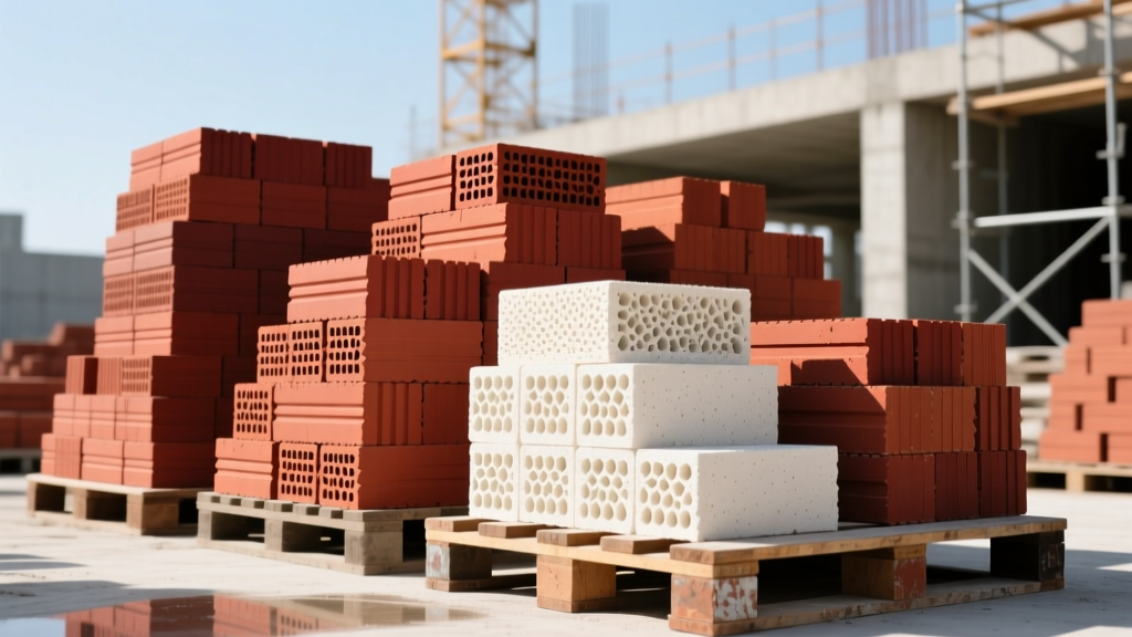 Stacked pallets of varying brick types including dense red engineering bricks and pale lightweight aerated blocks on a construction site