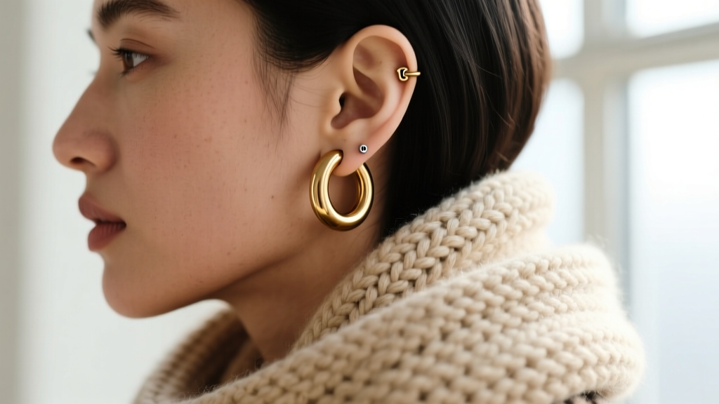 Side profile of an ear showing a thick 16-gauge brass huggie hoop in a lower lobe piercing, paired with a chunky knit beige scarf