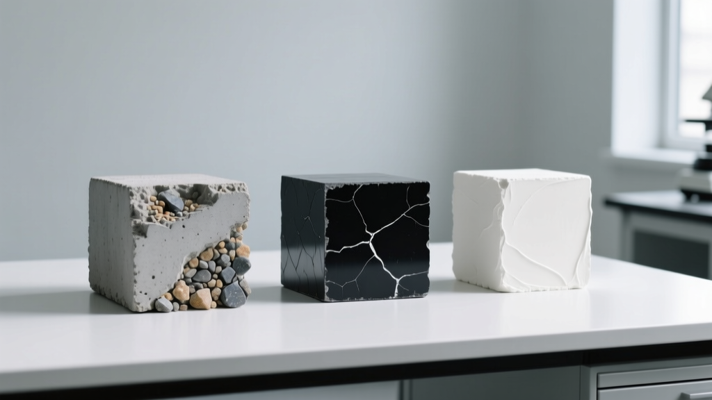 Lab table displaying three core samples: grey concrete with coarse aggregate, black asphalt pavement, and pure cement paste.