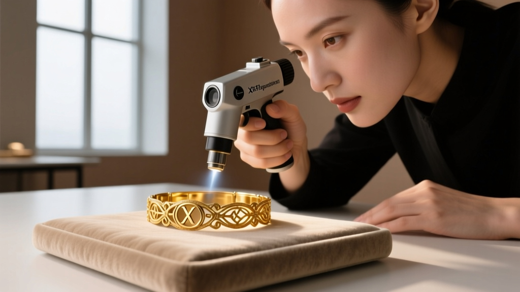Jeweler using an XRF spectrometer gun to test the elemental composition of a vintage gold bracelet to verify its hallmark symbols