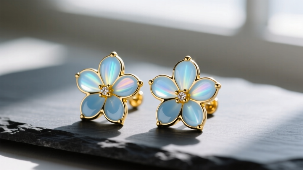 Close-up of light blue flower earrings with translucent plique-a-jour enamel petals set in 14k yellow gold resting on dark slate.
