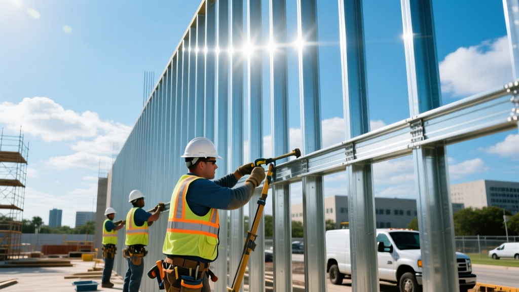 Commercial construction site in Orlando Florida showing workers installing galvanized steel wall studs and tracks against a sunny sky