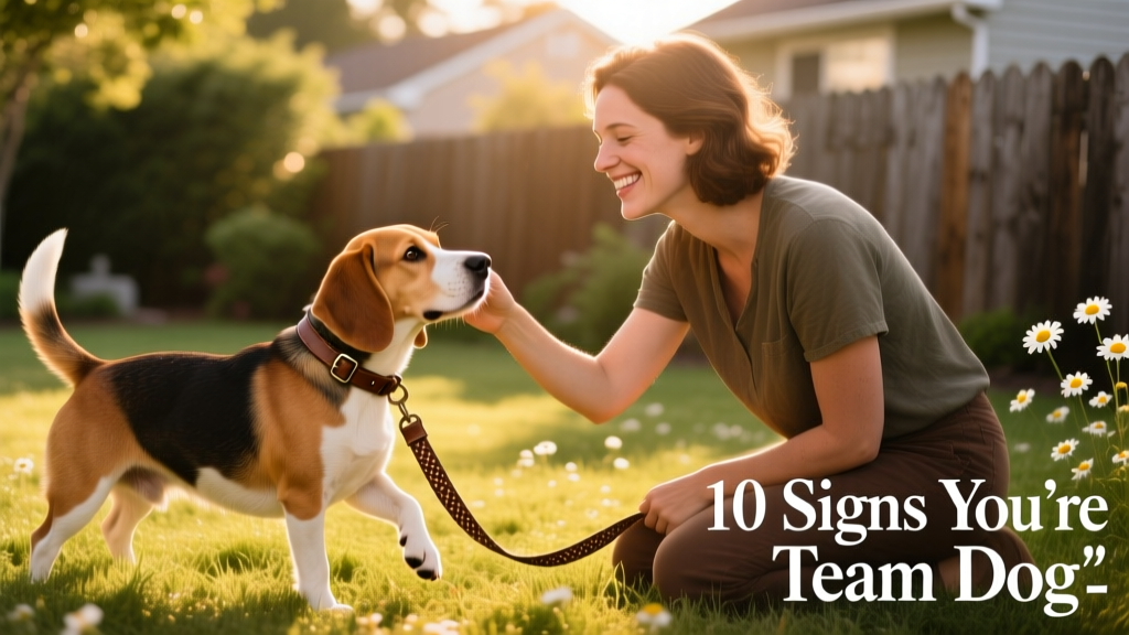 A person kneeling beside a leashed beagle, smiling and reaching out gently