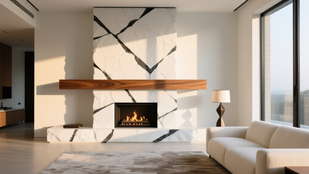 Modern living room fireplace clad in bright arctic white stone veneer with dark charcoal grout lines and a floating walnut mantel.