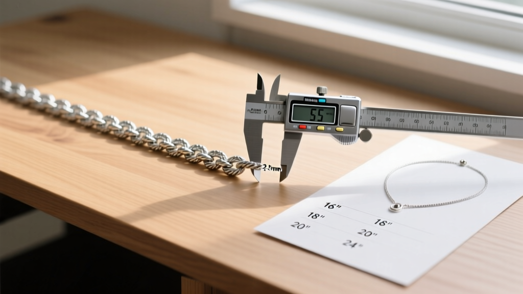 Digital calipers measuring the millimeter width of a silver rope chain beside a printed necklace length chart on a wooden desk.