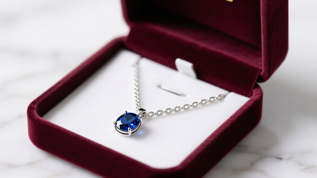 Open velvet box revealing a delicate S925 silver cable chain necklace with a sapphire pendant resting on a white marble surface