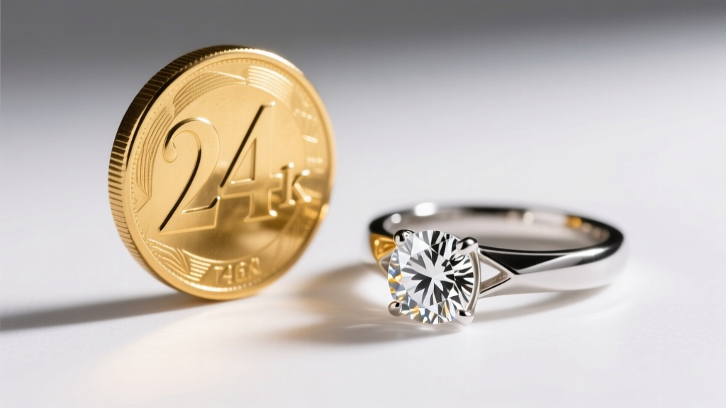 Macro photography contrasting a soft glowing 24k gold coin with a sharp polished 14k white gold diamond engagement ring.