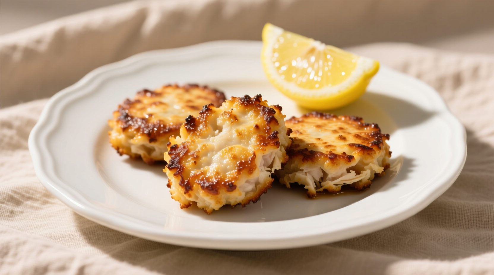 Golden brown crab cakes on white plate with lemon wedge