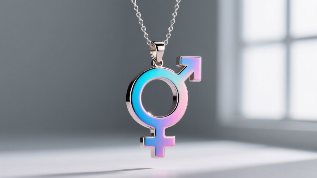 Close-up of a niobium trans symbol pendant anodized in vibrant blue and pink hues, hanging against a neutral gray studio backdrop.