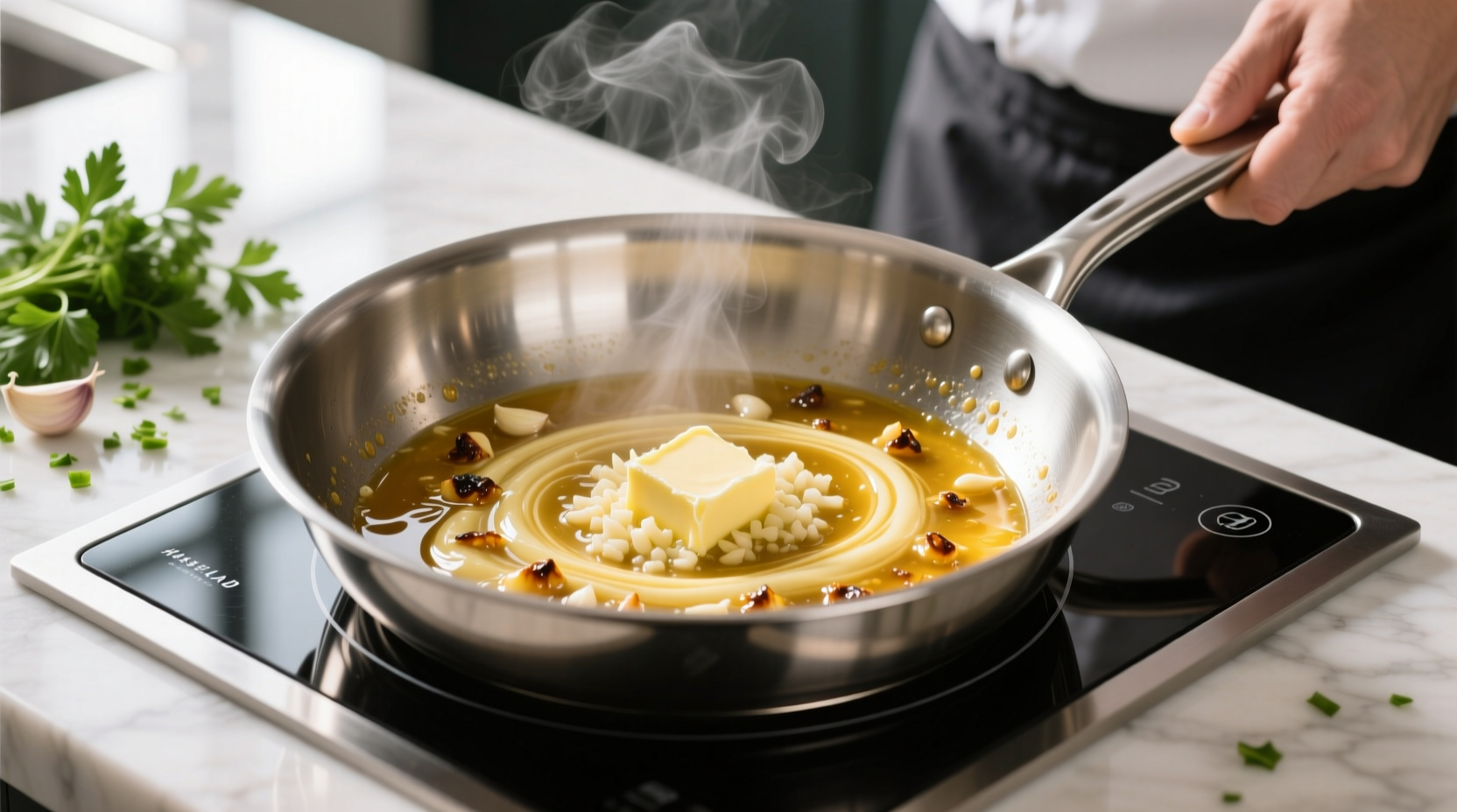 Chef preparing garlic butter sauce in stainless steel pan