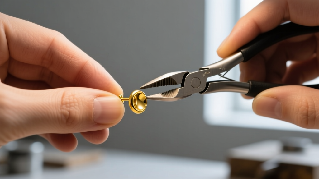 Jeweler using nylon-jaw pliers to gently straighten the bent 20-gauge post of a lightweight 14k yellow gold stud earring