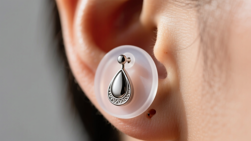 Macro view of a clear silicone earring stabilizer pad supporting a heavy metal teardrop earring post on a healthy pierced earlobe