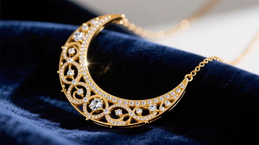 Close-up of a vintage gold-plated Kirks Folly crescent moon necklace with rhinestones resting on dark navy velvet fabric.