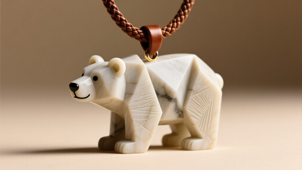 Macro shot of a carved Picasso marble bear pendant on a leather cord, showing tool marks and natural stone grain in soft light.