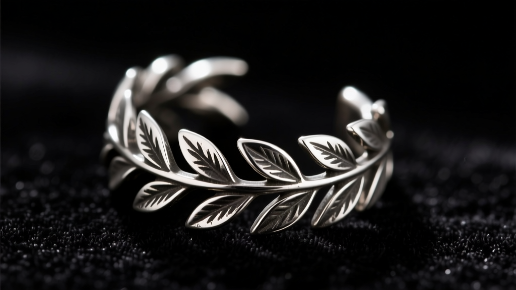 Macro shot of an oxidized sterling silver laurel wreath ear cuff highlighting darkened crevices and polished leaf tips on velvet.