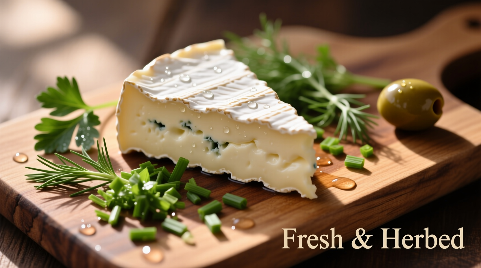 Fresh goat cheese with herbs on wooden board