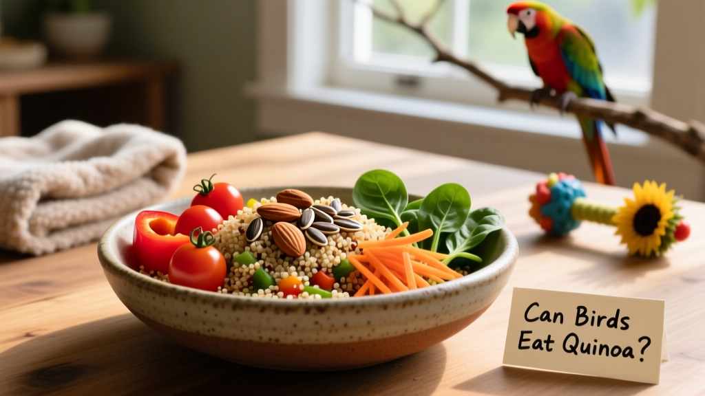Bird-friendly quinoa dish featuring cooked quinoa mixed with colorful vegetables and unsalted nuts, served in a ceramic dish