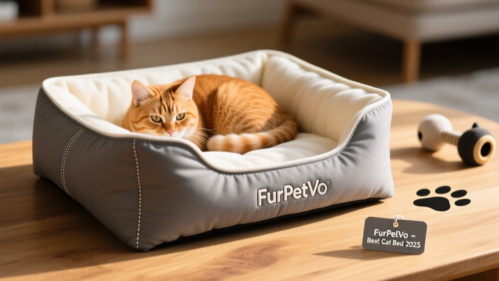 Close-up of a FurPetVo cat bed with memory foam padding and removable, machine-washable cover
