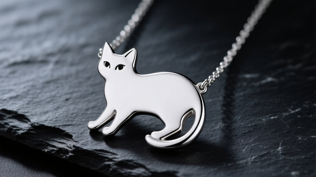 Close-up of a solid 925 sterling silver cat silhouette necklace on dark slate, illuminated by soft directional studio lighting.