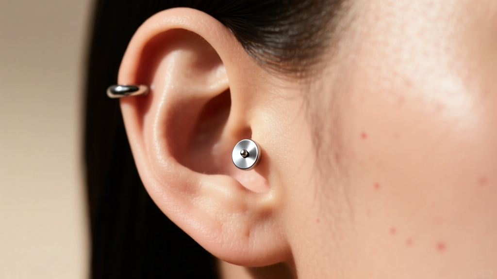 Close-up of a left ear helix piercing with a mirror-polished titanium flat-back labret, highlighting healthy and unirritated skin.
