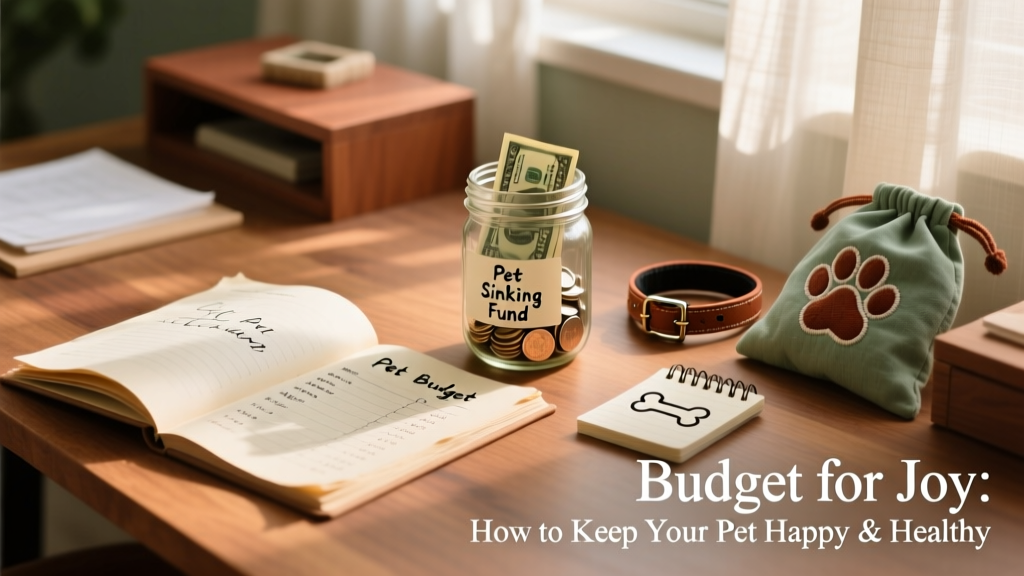 A neatly organized home desk with a handwritten pet budget spreadsheet, a small jar labeled 'Pet Sinking Fund', and a few pet care items like a flea collar and treat bag