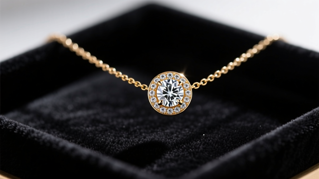 Close-up of a bezel-set floating diamond pendant necklace on dark velvet, highlighting the ultra-thin 18k gold chain.