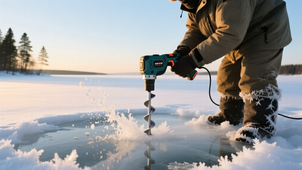 Angler drilling through thick winter ice using a cordless electric auger while surrounded by a pristine snow-covered frozen lake environment