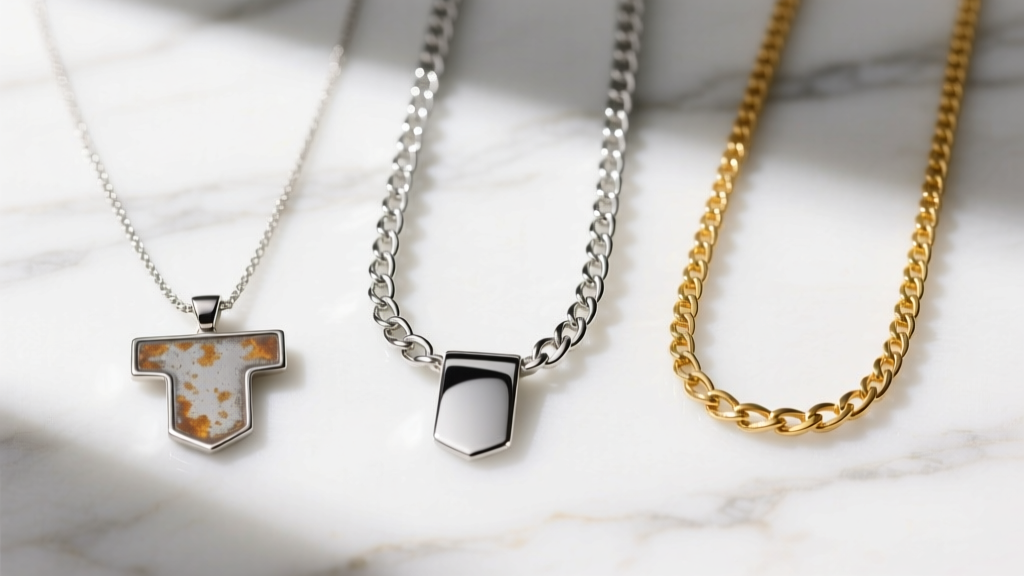 Three scapular necklaces on marble: tarnished silver, bright rhodium-plated silver, and solid 14k gold chain shown side-by-side.