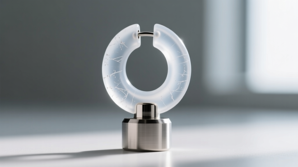Extreme close-up of a clear silicone o-ring earring back on a steel post, showing surface texture and translucent material.