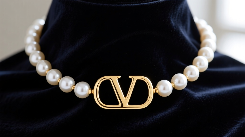 Macro shot of a Valentino Garavani gold-tone brass choker with round white glass pearls and the Vlogo on dark velvet.