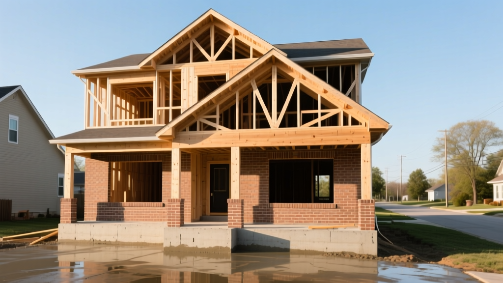 Two-story suburban home under construction in Indiana featuring exposed wood framing, brick veneer accents, and poured concrete foundation