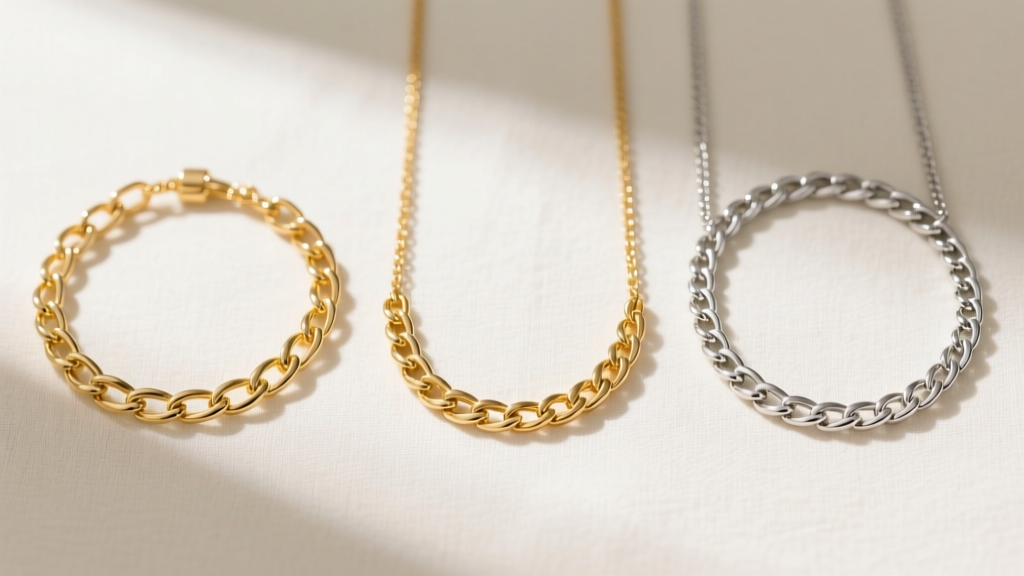 Flat lay comparison of three necklaces showing gold vermeil, solid 14k gold, and platinum thick and thin chains with price tags