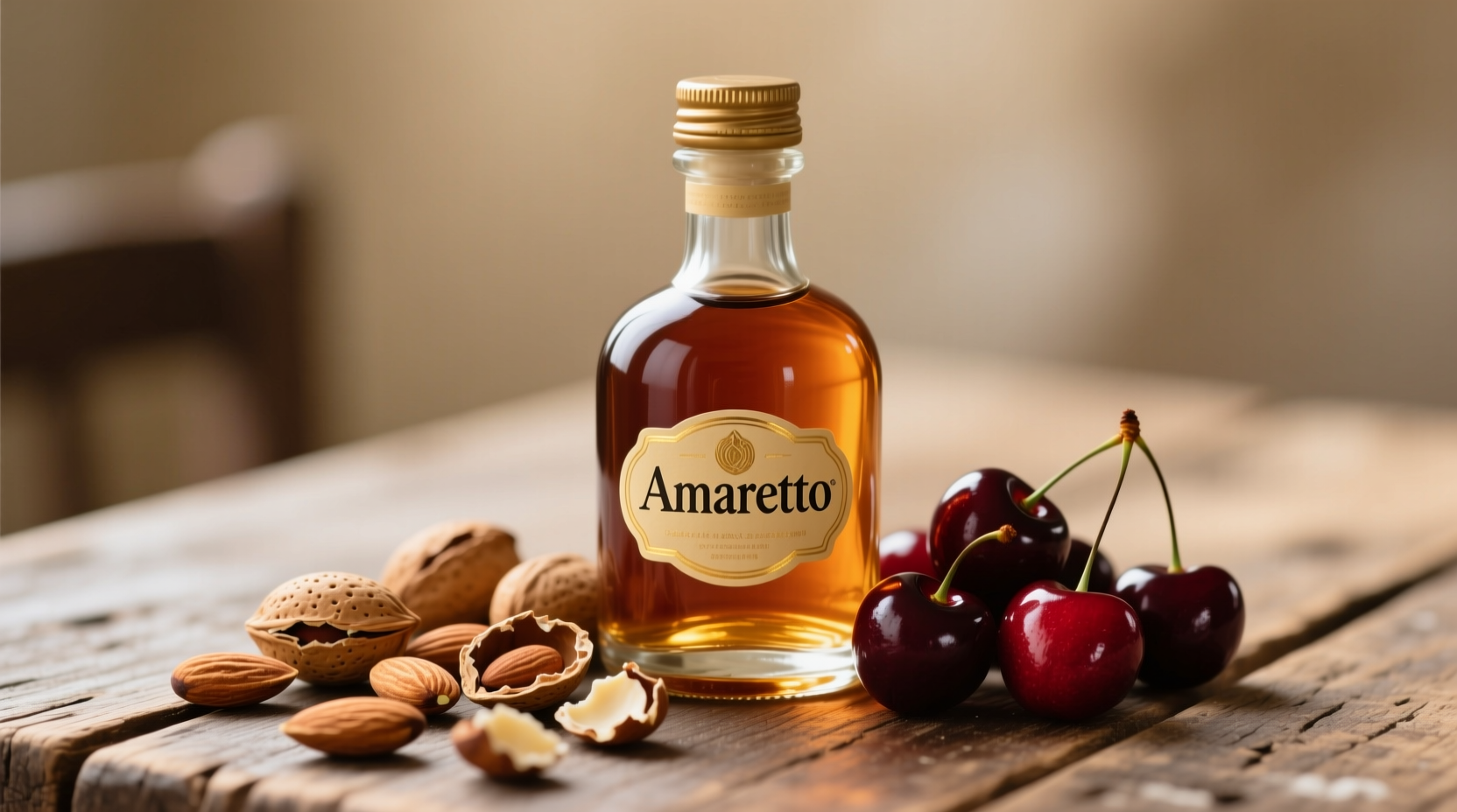 Amaretto bottle next to almonds and cherries